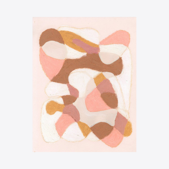 The artwork 'Peach, Brown, White on Dawn' by Alicia Little features an abstract composition of organic, flowing shapes in soft peach, warm brown, and creamy white tones. The oil pastel piece creates a harmonious blend of curved forms against a gentle dawn-pink background, showcasing a delicate interplay of overlapping elements and negative space. By Alicia Little.