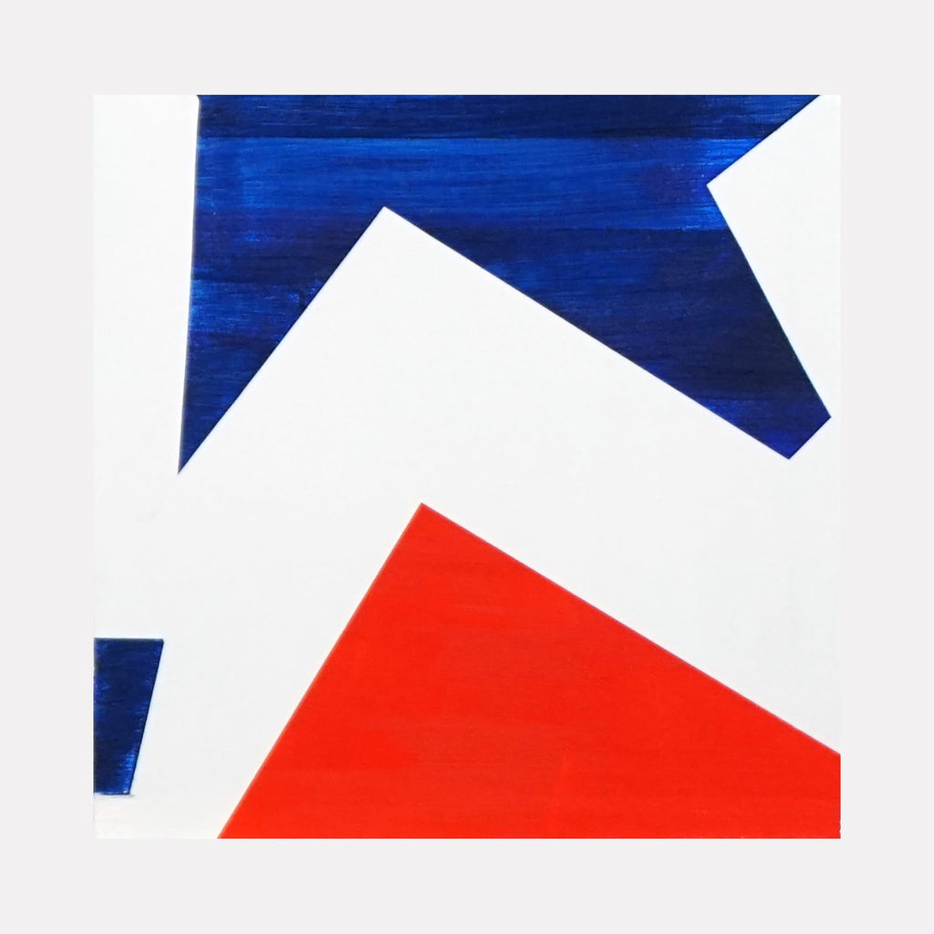 The artwork 'Pepsi, No Coke' by Lisa Petker Mintz features bold geometric shapes in classic Pepsi colors - a striking deep royal blue and vibrant red against a crisp white background. The abstract composition showcases angular forms that create dynamic movement across the 8x8 inch acrylic painting, evoking a modern, minimalist interpretation of the iconic beverage brand's aesthetic.