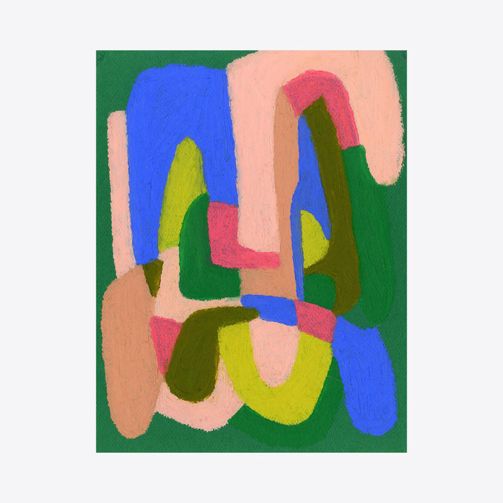 The artwork 'Pink, Blue, Yellow Green on Veridian' by Alicia Little features abstract curved shapes in soft pink, vibrant blue, and yellow-green hues against a rich veridian background. The oil pastel composition creates smooth, flowing forms that interweave organically across the 8.5x11 paper surface.