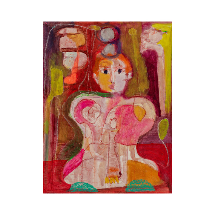 The artwork 'Playing Five' features an abstract expressionist composition in vibrant pink, red, and yellow hues, with fluid brushstrokes creating organic forms against a warm background. Bold lines and shapes merge to form an abstract figure rendered in acrylic and oil stick on canvas paper, displaying a playful and dynamic energy. By Jennifer Levine.