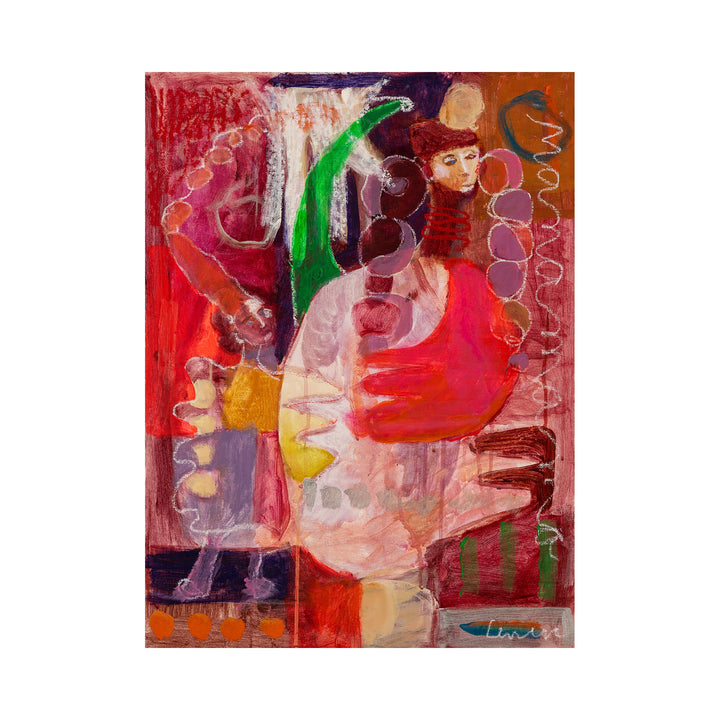 The artwork 'Playing Four' features an abstract composition with vibrant red and pink tones, incorporating a striking green curved form against a dynamic background. Bold brushstrokes and expressive lines create whimsical shapes in purple, yellow, and blue hues. The mixed media technique combines acrylic paint and oil stick on canvas paper, showcasing a playful, modern artistic style by Jennifer Levine.