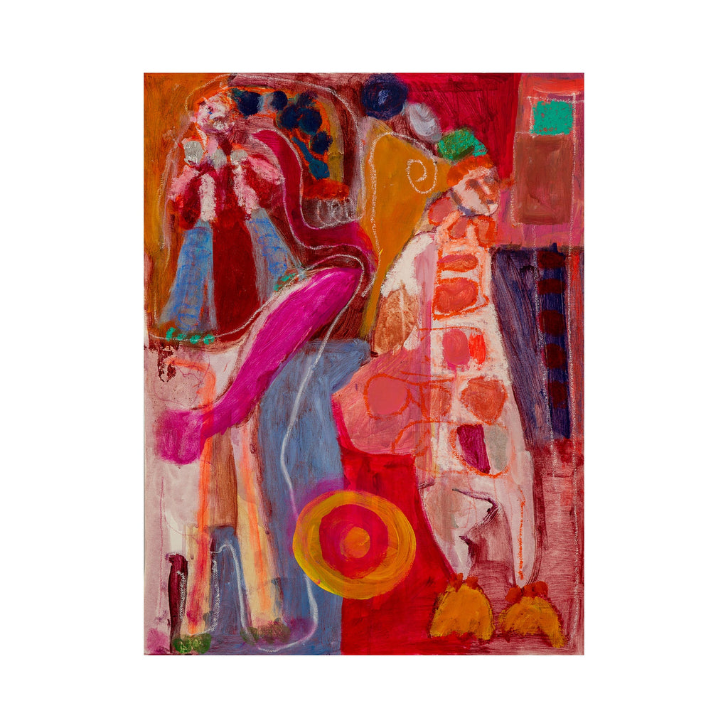 The artwork 'Playing One' features vibrant abstract figures rendered in bold strokes of pink, orange, and red, with contrasting blues and purples. Dynamic circular motifs and flowing lines create a playful composition, executed in acrylic and oil stick on canvas paper with expressive brushwork and layered textures. By Jennifer Levine.