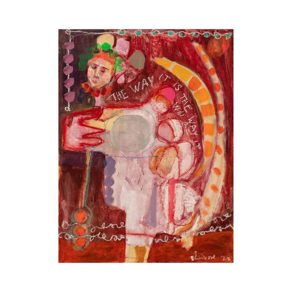 The artwork 'Playing Three' features an abstract composition with vibrant reds, oranges, and pinks, depicting circular and curved forms against a deep burgundy background. Expressive brushstrokes in acrylic and oil stick create dynamic movement, with text elements and geometric patterns woven throughout the 24x18 inch canvas paper. Original artwork by Jennifer Levine.