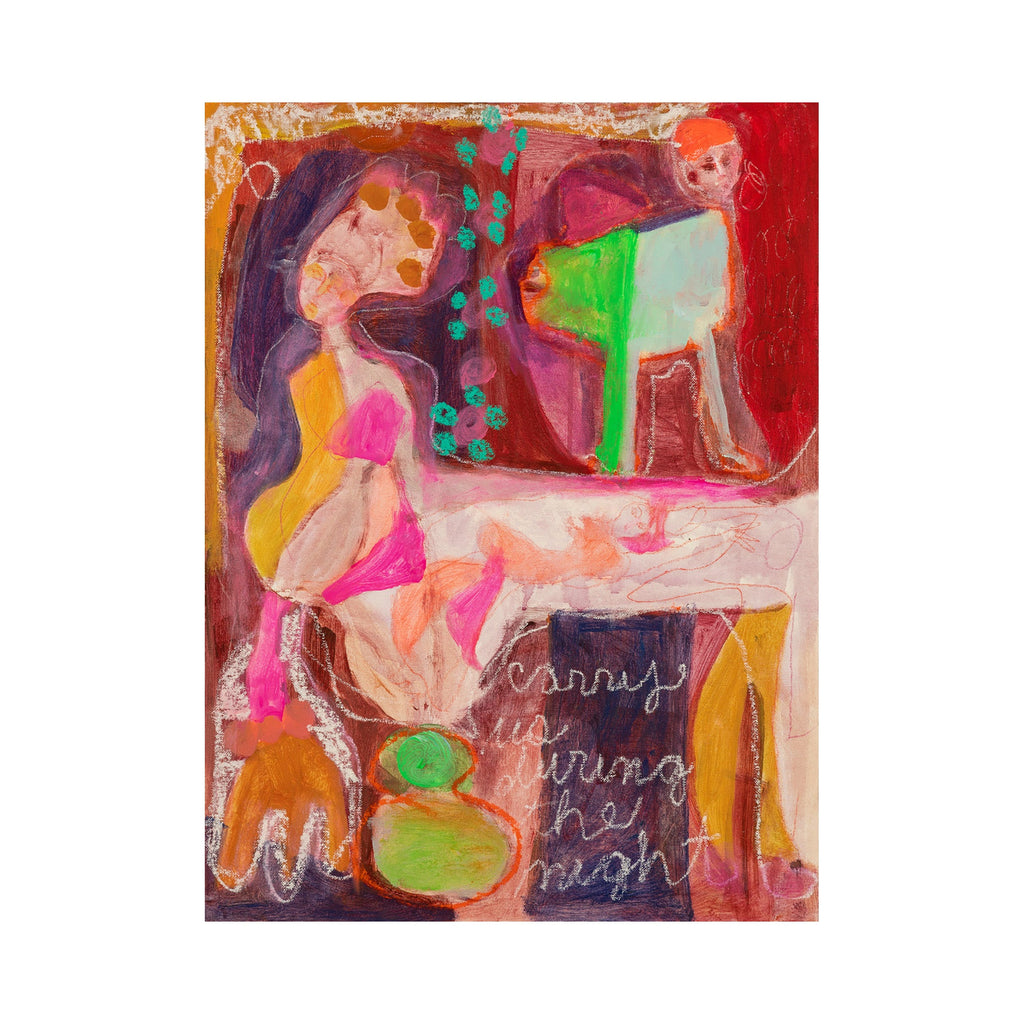 The artwork 'Playing Two' by Jennifer Levine features vibrant abstract figures in motion, rendered in expressive brushstrokes of pink, purple, orange, and green. Fluid forms and gestural marks in acrylic and oil stick create a dynamic composition on canvas paper, with organic shapes and flowing lines suggesting playful movement. Textural elements and handwritten text add depth to this 24x18 inch contemporary piece.