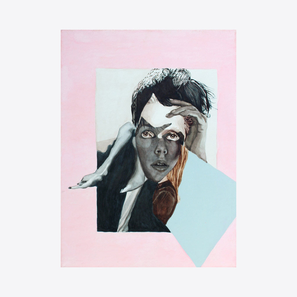 The artwork 'Portrait 2' by Winnie Sidharta features a dramatic watercolor composition against a pink and blue geometric background. The painting showcases expressive brushwork in black, white, and sepia tones, depicting a contemplative pose with hands framing the composition. The artwork demonstrates a contemporary style with contrasting soft and bold strokes on stretched paper, measuring 18x24 inches. By Winnie Sidharta.