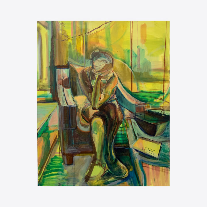 The artwork 'Portrait of Jennifer' by Taiss Ghuliani features an expressionistic oil painting with vibrant yellow and green tones. A figure sits on a wooden chair in a contemplative pose, surrounded by abstract shapes and dynamic brushstrokes. The composition combines warm earth tones with emerald accents, creating a moody atmosphere through loose, gestural painting techniques on a 60x48 inch canvas.