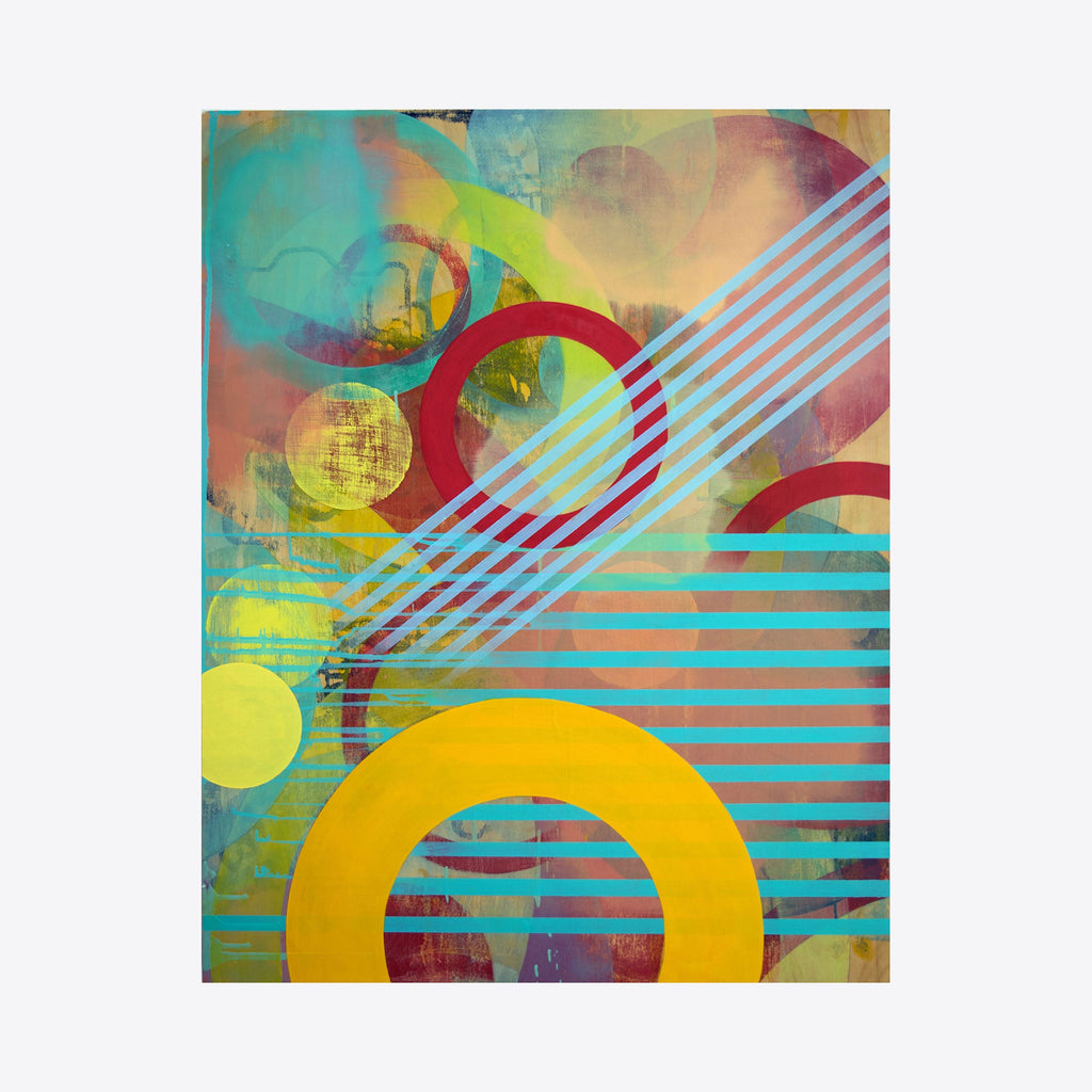 The artwork 'Pulse' by Linda Schmidt features vibrant geometric abstraction with bold yellow circles and turquoise diagonal stripes layered over a multicolored background. Dynamic red arcs intersect with parallel lines, creating a rhythmic composition in contemporary style. Oil on panel showcases textural depth through translucent color overlays. - Linda Schmidt