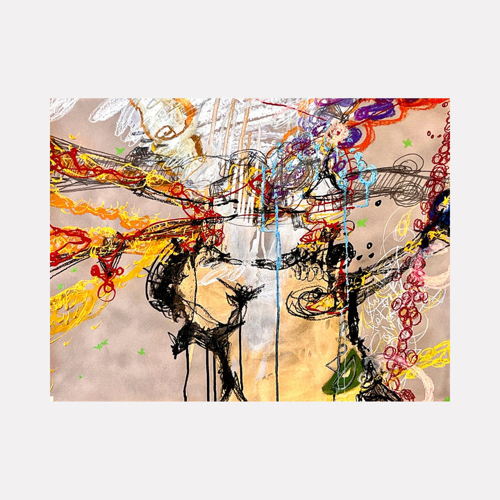 The artwork 'Puppet Pal Friends Prefer It Soft But Will Take It Hard No. 4' features dynamic abstract expressionist strokes in black, vibrant splashes of orange, yellow, and red, with delicate purple and blue accents. Energetic line work creates movement across a soft beige background, mixed media technique combining ink and paint. By Anthony Smith Jr.