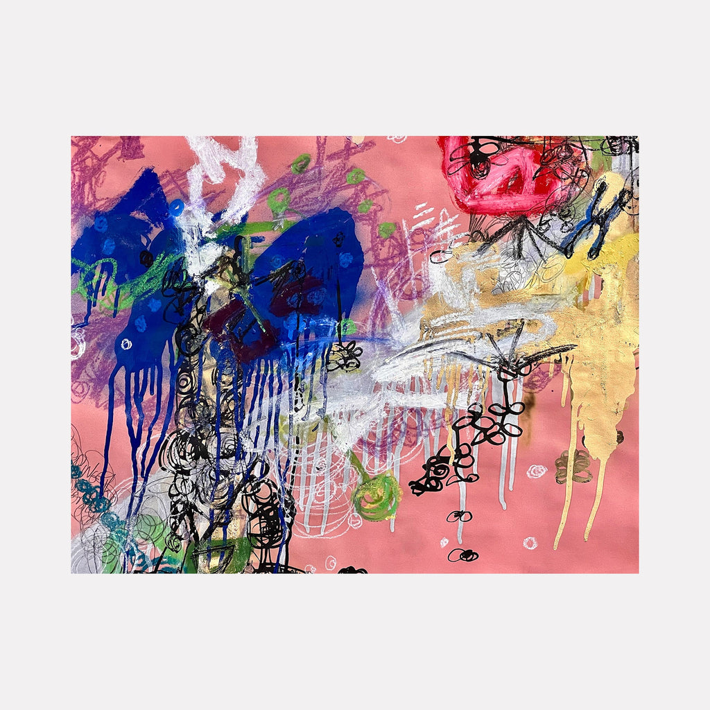 The artwork 'Puppet Pal Friends Prefer It Soft But Will Take It Hard No. 8' by Anthony Smith Jr. features vibrant abstract expressionism with dripping blue paint, pink background, and gestural black line drawings. Dynamic mixed media composition showcases spontaneous marks, yellow accents, and layered textures creating a playful yet complex visual narrative. Framed mixed media drawing.