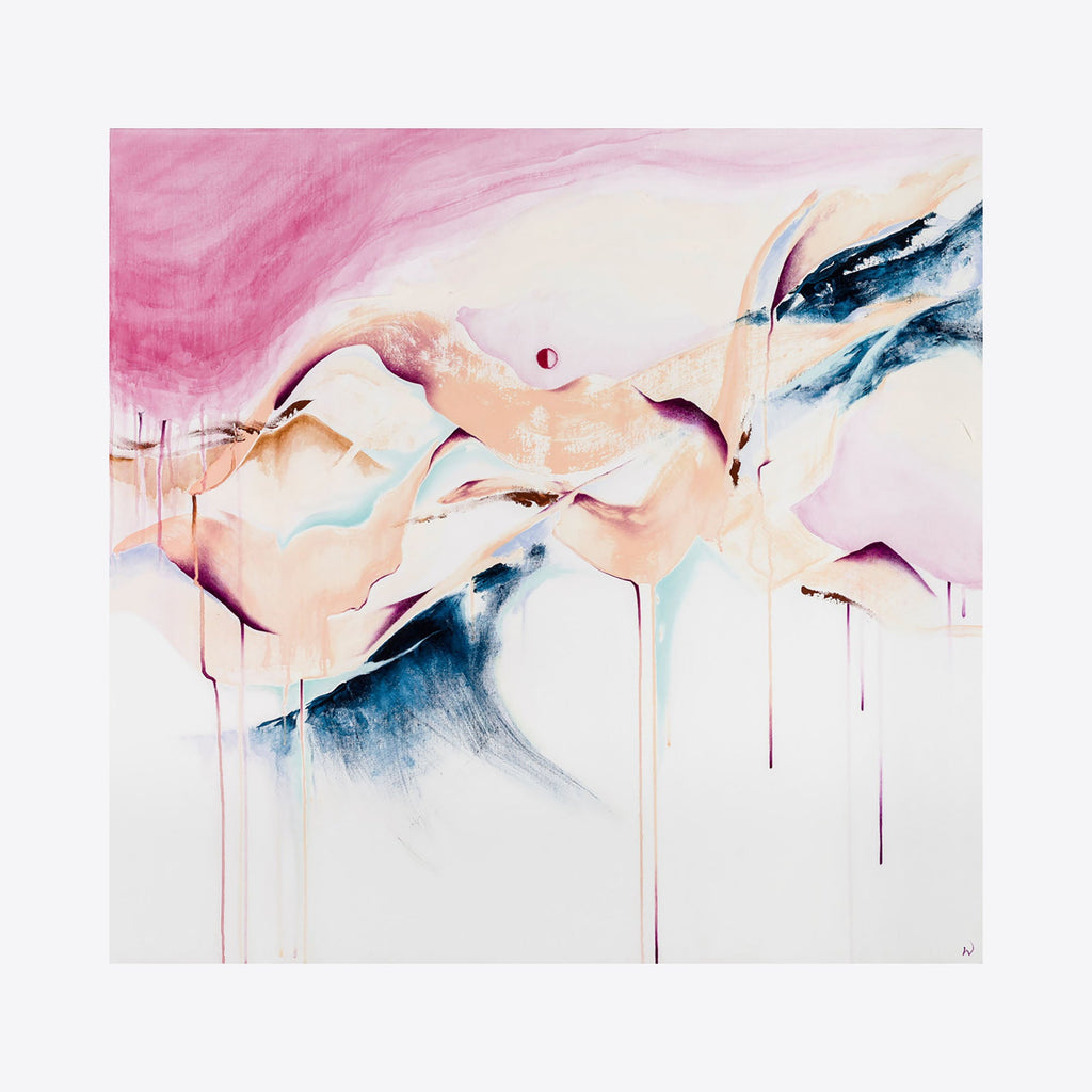 The artwork 'Red Sun Rising' by W Lu features fluid abstract forms in soft pink, peach, and deep navy blue tones flowing across a white canvas. Ethereal watercolor-like strokes create a dreamy landscape effect with delicate drips cascading downward. The composition combines gentle curves and dynamic movement, showcasing an interplay of warm and cool hues in acrylic paint. By W Lu.