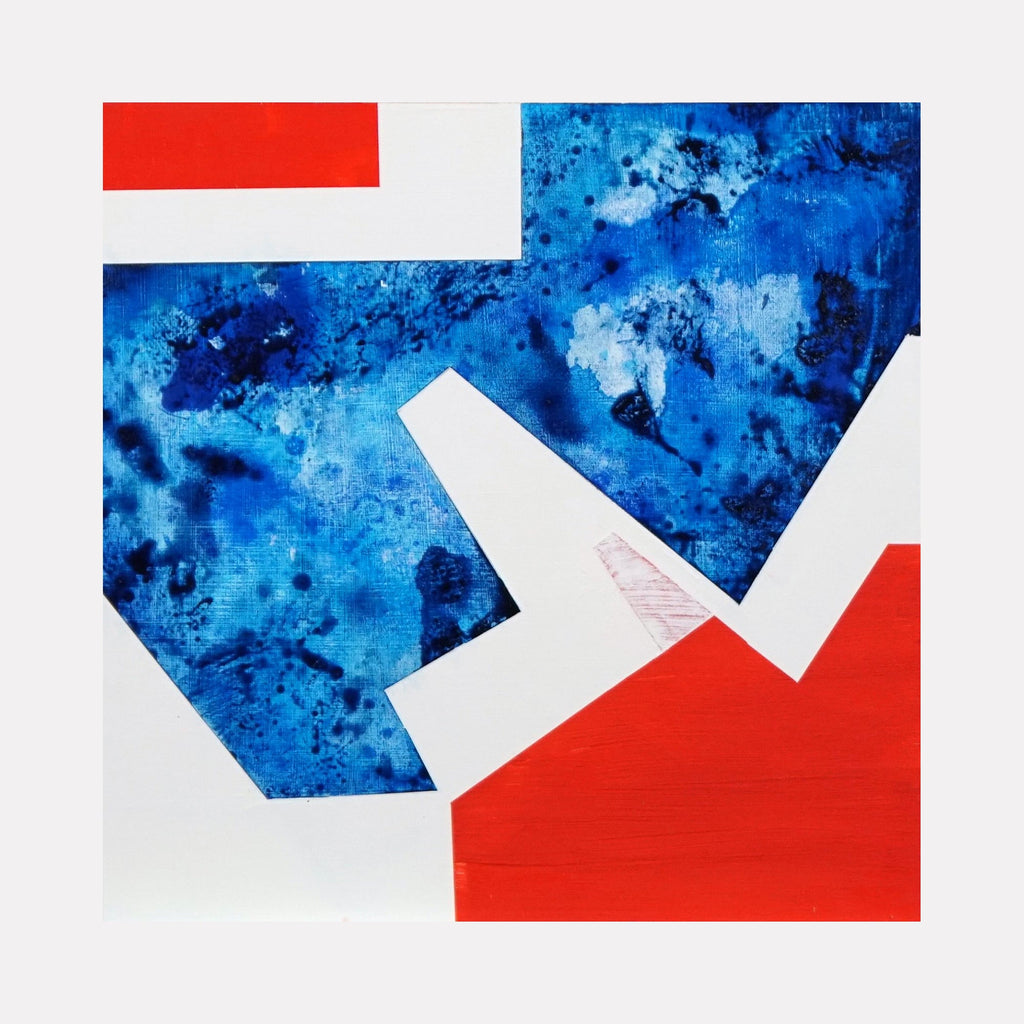 The artwork 'Red and Blue House' by Lisa Petker Mintz features bold geometric shapes in vibrant red and white against a textured deep blue background. The blue area shows watercolor-like effects and mottled patterns, creating depth and movement. The 12x12 inch acrylic painting on board combines sharp angular forms with organic textures, presenting an abstract architectural composition. By Lisa Petker Mintz.