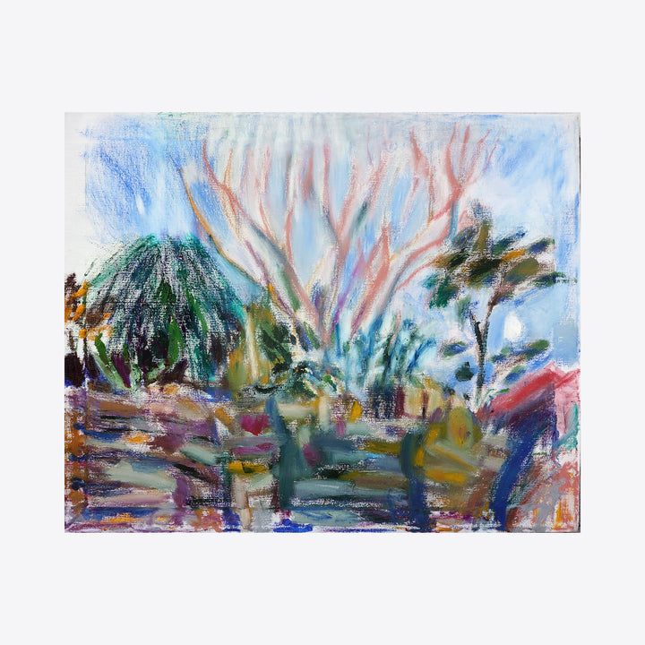 The artwork 'Reillumination' by Maureen Shea features an impressionistic landscape with vibrant brushstrokes depicting trees and foliage against a bright blue sky. The oil painting combines soft pastels and bold colors, with swirling branches in pink and coral tones emerging from dense green vegetation, creating a dynamic and ethereal natural scene. Oil on canvas, 24x30 inches. By Maureen Shea.