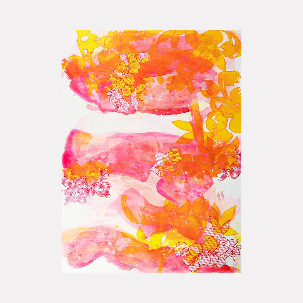 The artwork 'Rhapsody in Pink' by Lisa Petker Mintz features vibrant watercolor-like strokes in coral pink and sunny yellow hues, creating fluid organic shapes across a white canvas. Abstract floral elements and leaf patterns flow through the composition, with delicate line work adding texture and depth to this mixed media piece measuring 40x30 inches.
