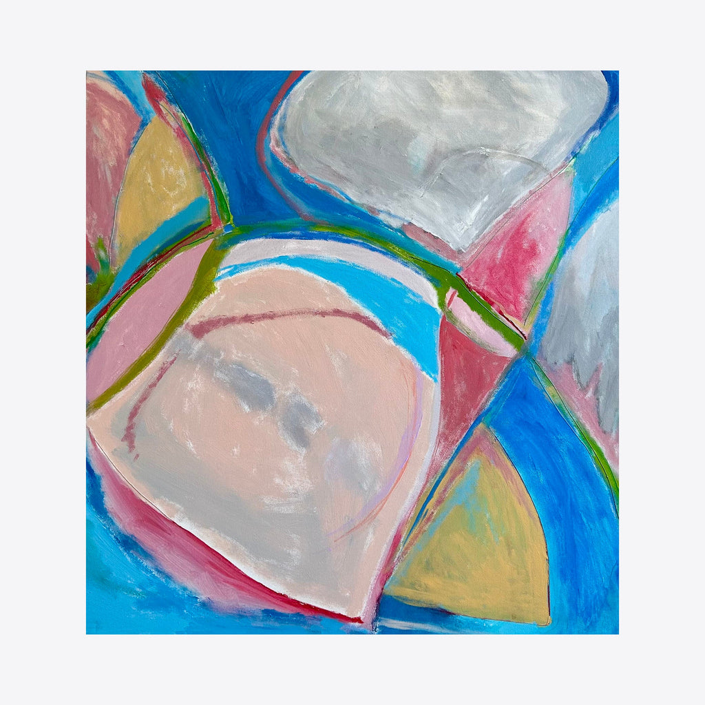 The artwork 'Sail' features abstract geometric shapes in soft pastels and vibrant blues, with curved forms reminiscent of sailboat sails. Pink, yellow, and gray curved segments intersect across a bright azure background, creating a dynamic composition with flowing lines and gentle color transitions in acrylic on canvas by Beth Barry.