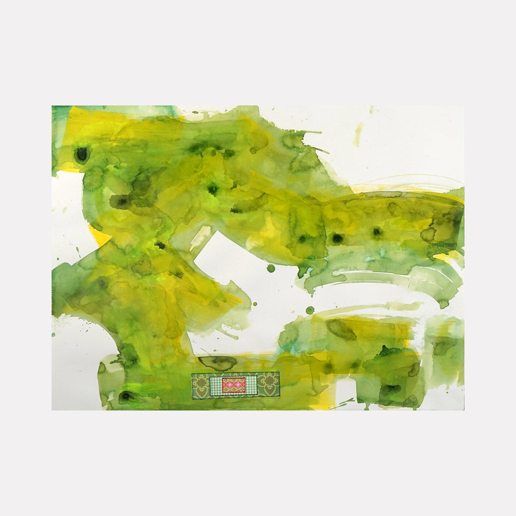 The artwork 'Sea of Green' by Lisa Petker Mintz features fluid watercolor-like brushstrokes in vibrant lime and yellow-green hues, creating an abstract landscape effect. The acrylic on paper piece shows organic, flowing forms with transparent layers and darker green accents, suggesting movement and natural patterns. Artwork dimensions: 22x30 inches.