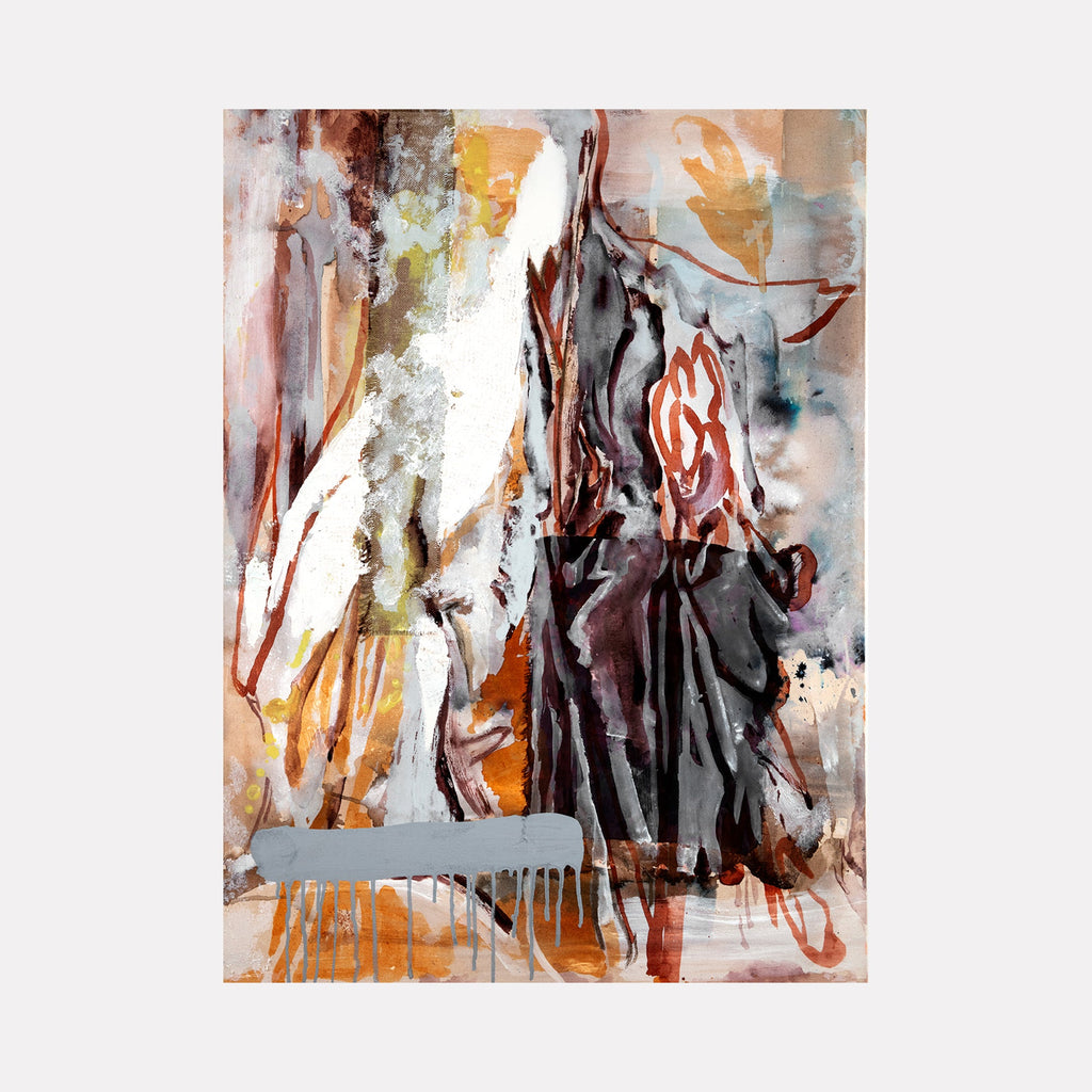 The artwork 'Sienna-type' by Molly Herman features dynamic abstract brushstrokes in earthy sienna, deep browns, and misty grays. Bold vertical gestures create a sense of movement, while watercolor-like effects blend with dramatic drips and organic shapes. The composition combines acrylic paint and silk on canvas, creating rich textural contrasts and fluid transitions between light and shadow. By Molly Herman.