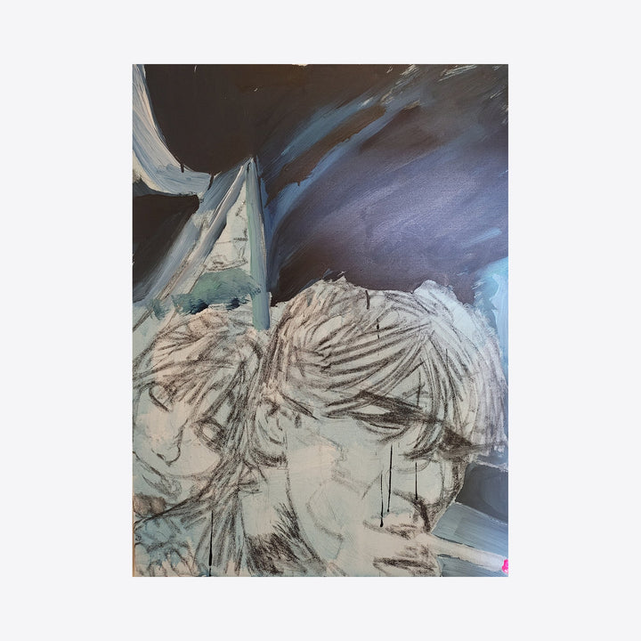 The artwork 'Slim Jim' by Roger Hsia features an expressive mixed media composition depicting two profile studies in muted tones. The piece combines gestural brushwork in shades of blue and gray with sketched linear elements. The dramatic contrast between light and dark creates a moody atmosphere, while loose, fluid strokes establish movement across the 40x30 inch canvas.