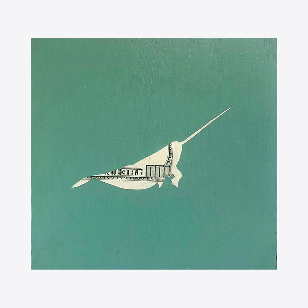Spirit Messengers, Narwhal by Jacki Davis features a minimalist collage of a narwhal crafted from US currency on a seafoam green wood panel. The whale's distinctive tusk and body are ingeniously composed using cut paper money, creating a striking white silhouette against the solid background. Mixed media artwork combining acrylic and currency elements.
