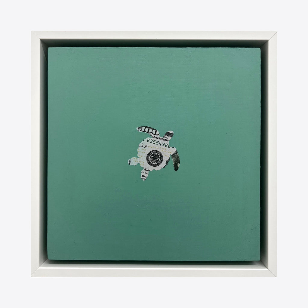 Spirit Messengers, Sea Turtle by Jacki Davis features a minimalist collage on a seafoam green background. The artwork incorporates deconstructed US currency pieces arranged to form a small, abstract turtle shape in silvery-gray tones, set against an 8x8 inch wood panel with acrylic finish, showcasing a unique mixed-media approach. By Jacki Davis.
