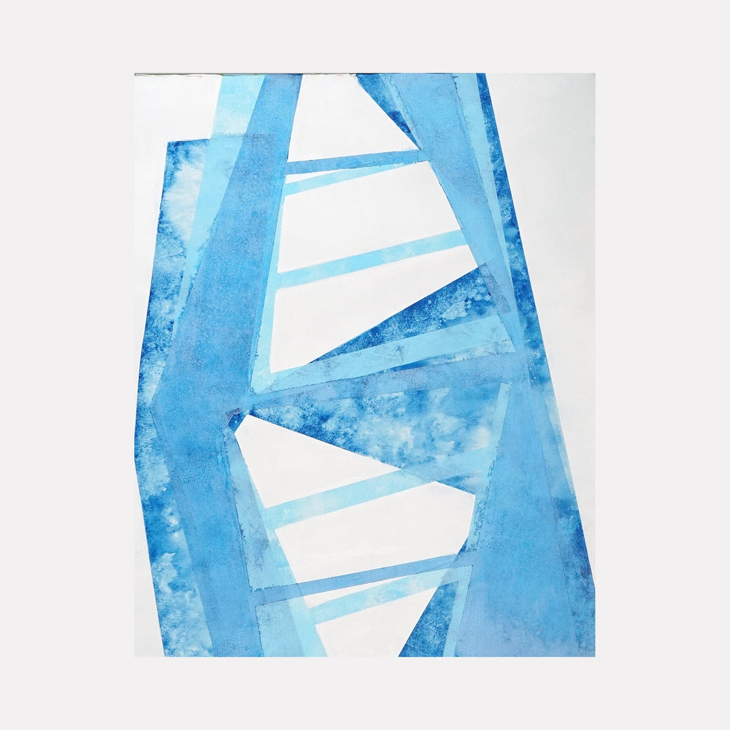 The artwork 'Stairway to Heaven No 4' by Lisa Petker Mintz features geometric abstract shapes in vibrant azure blue watercolor tones against a stark white background. The composition suggests ascending steps through angular intersecting forms, creating a dynamic vertical movement in acrylic on canvas.