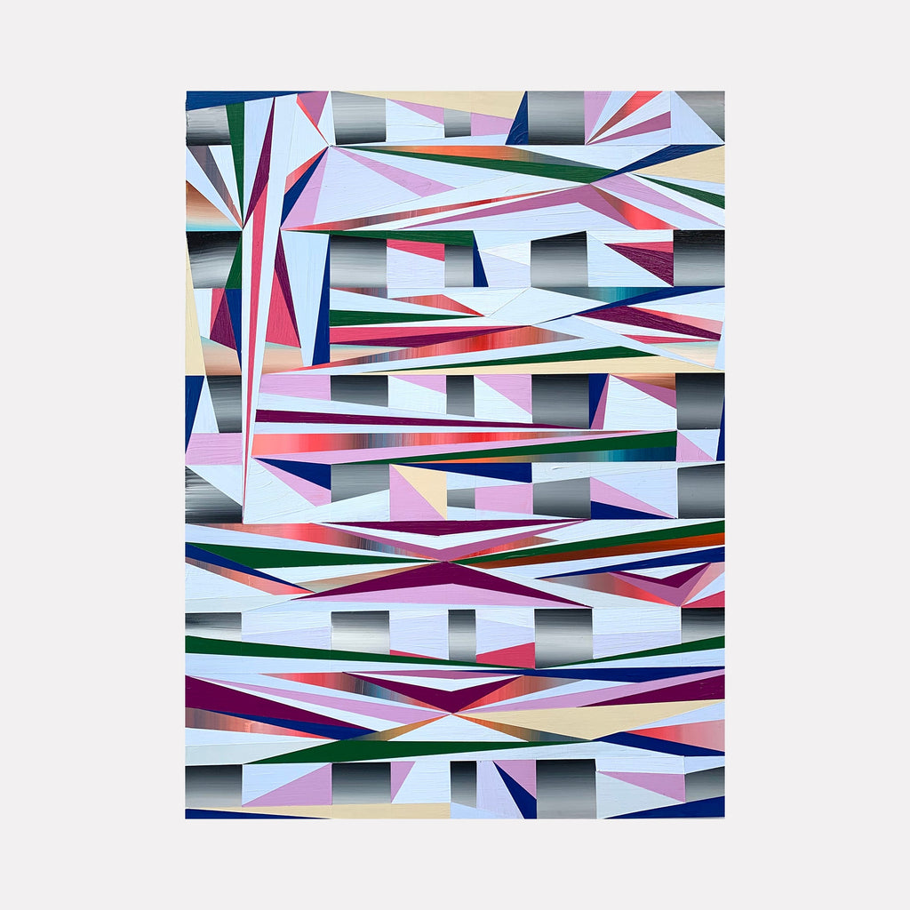 The artwork 'Staying In Touch' by Elyce Abrams features dynamic geometric abstraction with intersecting angular shapes in multiple colors. Sharp triangular forms create a layered composition with bold stripes in burgundy, pink, blue, and green against white space. The acrylic painting on panel showcases a contemporary architectural style with dimensional depth effects. By Elyce Abrams.