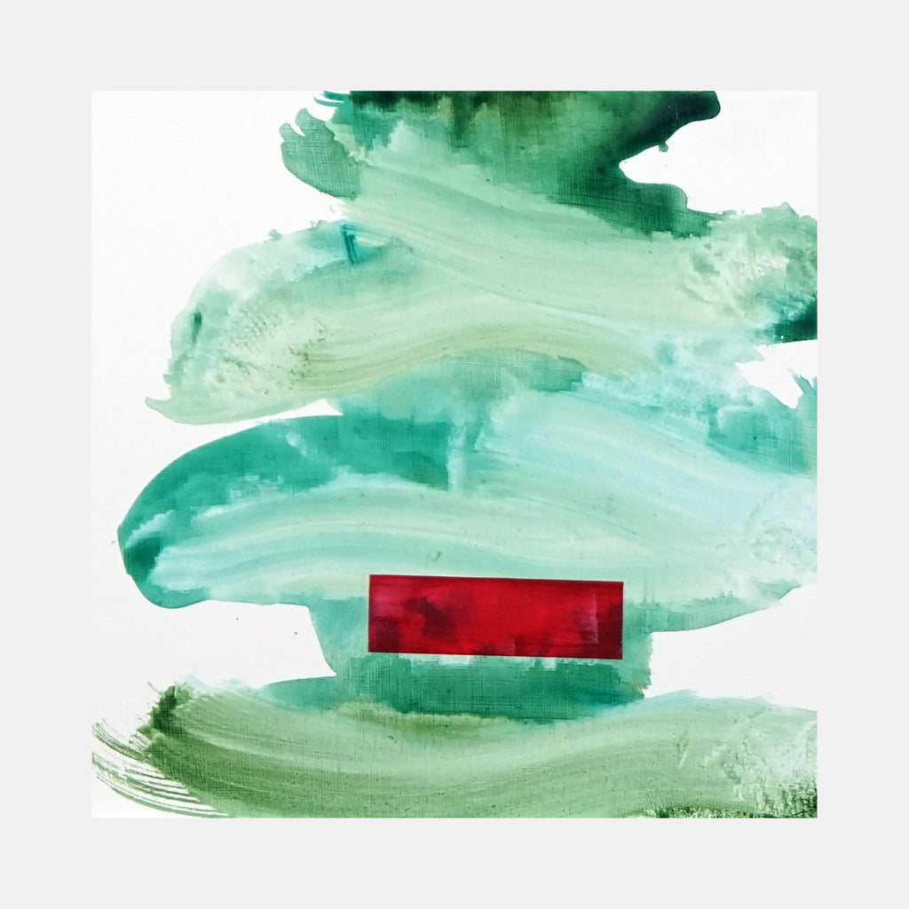 The artwork 'Stormy Day' by Lisa Petker Mintz features bold brushstrokes in seafoam green and teal watercolors sweeping horizontally across the canvas, with a striking red rectangular accent in the center. The abstract composition suggests turbulent weather through fluid acrylic techniques on an 8x8 inch board, creating a dynamic interplay of colors and movement.