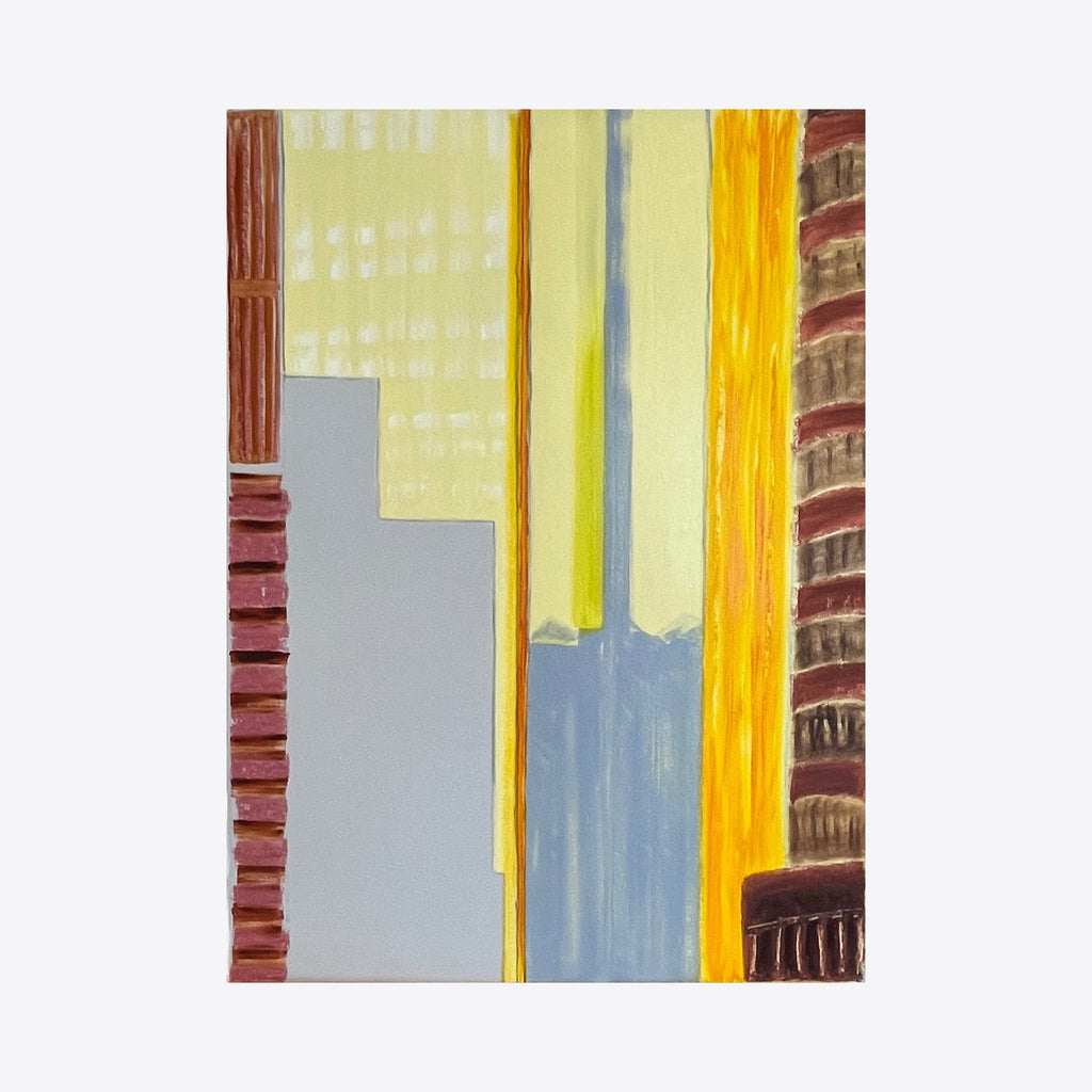 Structure of Light-1 by Cora Jane Glasser features vertical geometric compositions in contrasting colors: vibrant yellow bands, soft gray blocks, and warm burgundy textured stripes. The abstract painting combines oil and wax pastel techniques, creating a harmonious interplay of architectural forms and luminous passages. Cora Jane Glasser.