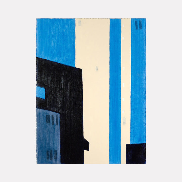 The artwork 'Sunrise in the West-11' by Cora Jane Glasser features bold geometric shapes with stark contrasts between vibrant azure blue and deep black architectural forms against a cream-colored vertical band. The abstract composition suggests urban architecture with clean lines and precise edges, created using oil and wax pastel techniques on Arches oil paper.