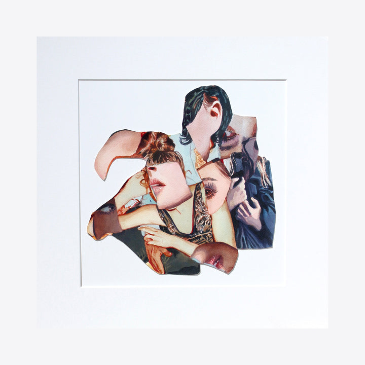 The artwork 'Tangle' by Winnie Sidharta features an abstract collage composition using watercolor on paper. Multiple overlapping portrait fragments create a dynamic, intertwined arrangement. The piece showcases warm flesh tones, deep blacks, and subtle blues, with angular cuts and flowing forms merging into a single cohesive design. 11.5 x 11.5 inches watercolor artwork by Winnie Sidharta.