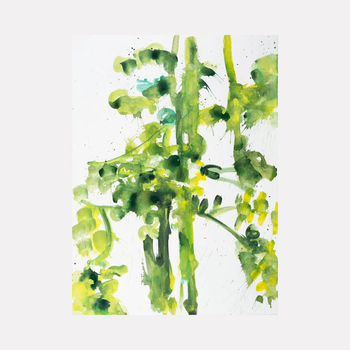 The artwork 'Tangled Vine Green' by Lisa Petker Mintz features fluid watercolor-style brushstrokes in varied shades of green and yellow, depicting abstract botanical forms. Vertical stems and curling leaves create a dynamic composition with spontaneous splashes and delicate transitions in an expressive acrylic technique on paper, measuring 30 by 22 inches.