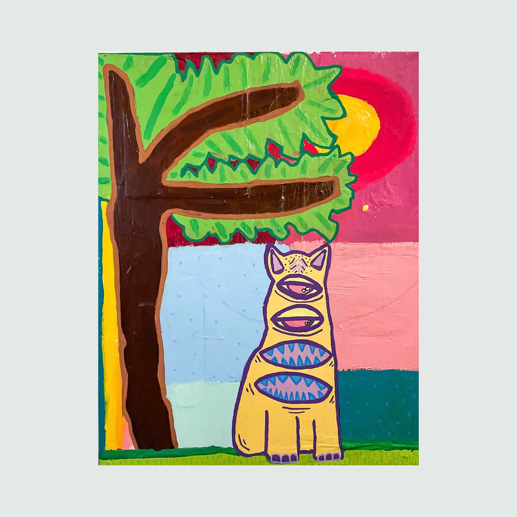 The artwork 'tapir, from somewhere else' by Brandon Hodges features a whimsical folk art-style tapir in yellow with blue-purple patterns, standing beneath a brown tree with vibrant green foliage. A bold red and yellow sun glows in the background against a color-blocked landscape in pastel pink and teal, painted in acrylic on stretched canvas.
