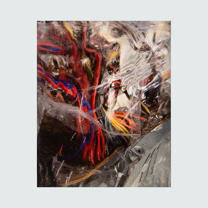 The artwork 'The Current' features dynamic abstract expressionism with bold red veins coursing through a stormy composition of grays and whites. Vibrant blue accents and amber strokes create movement across the textured surface, suggesting a powerful flow of energy. Mixed media on cradled panel, 10x8 inches by Sarah Canfield.