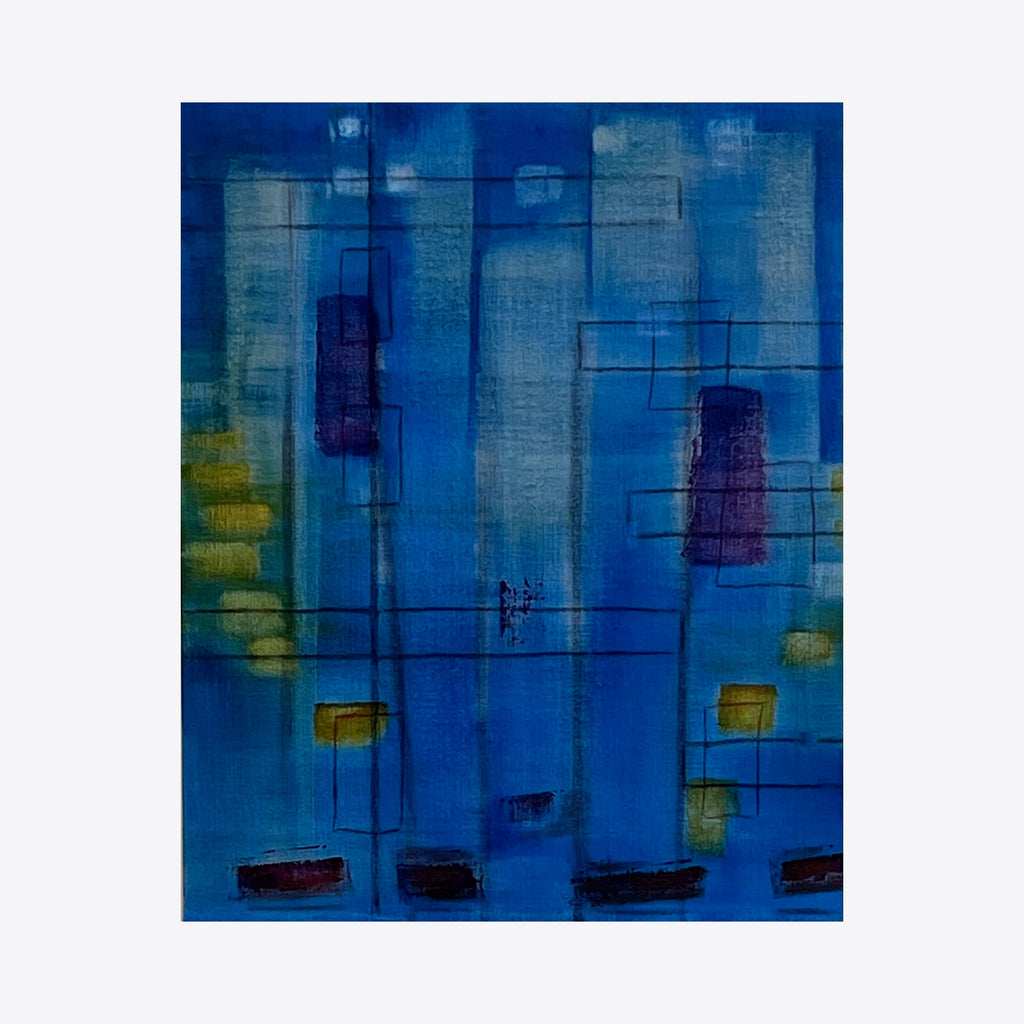 The artwork 'The Blue Hour (glittering)' by Cora Jane Glasser features an abstract composition with deep azure blues dominating the canvas, intersected by geometric shapes and linear elements. Translucent layers create a shimmering effect, while touches of yellow and purple add depth. Oil on linen texture creates a luminous, atmospheric quality characteristic of twilight hours.