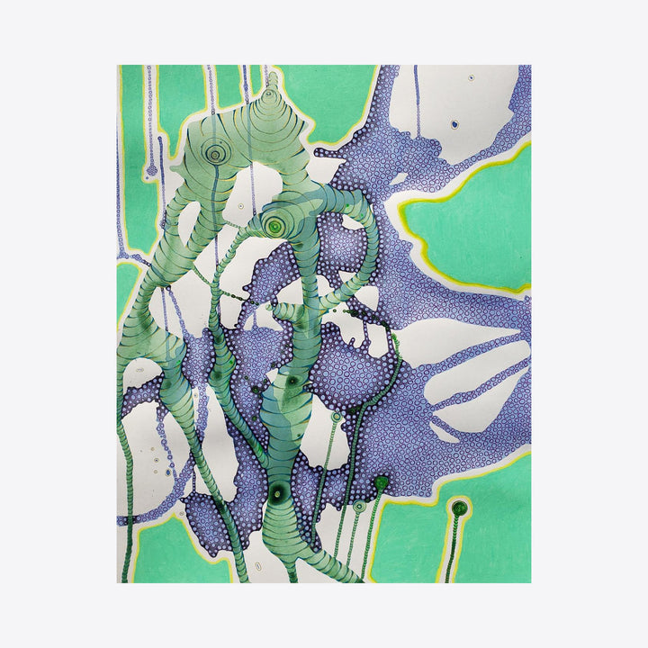 The artwork 'The Spheres Really Have Their Music #33' features abstract organic shapes in vibrant mint green and periwinkle blue. Flowing spiral patterns and dotted textures create a whimsical, botanical-inspired composition. Green curling tendrils interweave with textured blue forms against a white background. Mixed media artwork by Katie Niewodowski.