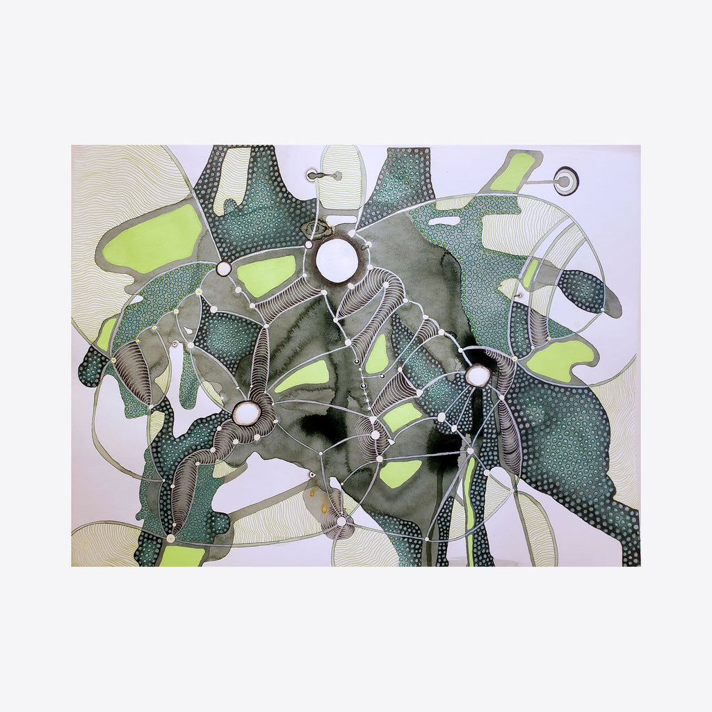 The artwork 'The Spheres Really Have Their Music #35' features abstract shapes in sage green and chartreuse, interconnected by delicate graphite lines. Textured dotted patterns and fluid forms create a dynamic composition, combining acrylic and ink on paper with geometric and organic elements. By Katie Niewodowski.