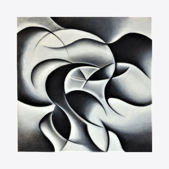 The artwork 'The Untrammeled Spirit of Shadow and Light' by Joe Piscopia features abstract curved forms in dramatic black and white charcoal. Flowing organic shapes interweave in a dynamic composition, creating a powerful contrast between light and shadow. The gestural lines and smooth gradients evoke movement and ethereal grace through modern abstract expressionism.