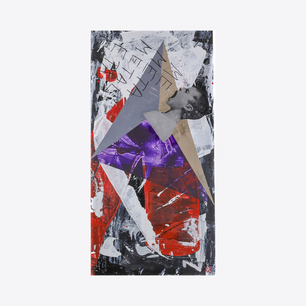 The artwork 'The Obelisk of Babbleon' by Roger Hsia features a dynamic mixed media collage with angular geometric shapes intersecting across a vertical composition. Bold splashes of red and purple contrast against gray and white tones, creating a striking abstract design with layered textures. Black brushstrokes and torn paper elements add depth and visual complexity to this 48-inch tall contemporary piece.