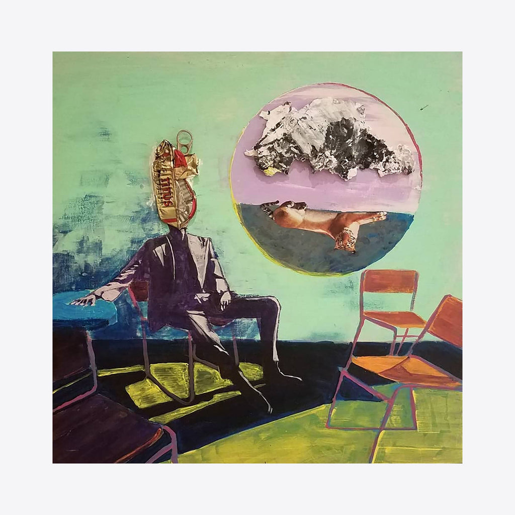 The artwork 'On the Brink of Remembering' features a surreal mixed media composition with a figure seated beneath a large circular orb. The scene combines vibrant mint green backgrounds with dark shadows, featuring abstract chairs and a mysterious sphere containing mountainous and aquatic elements. The distinctive style blends collage and painting techniques, creating a dreamlike atmosphere. By Roger Hsia.