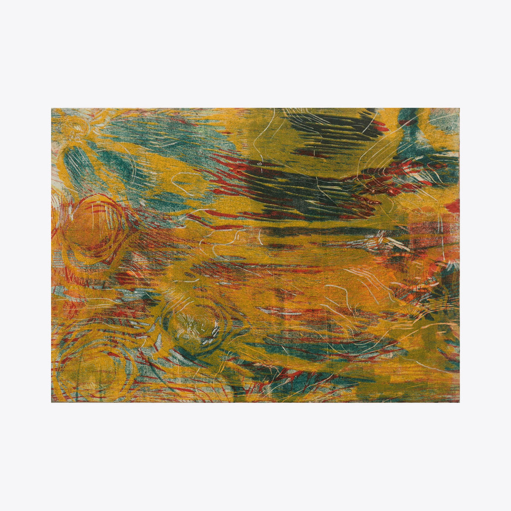 The artwork 'Dark Pond' by Emna Zghal features a dynamic woodcut print with swirling patterns in vibrant yellows, deep greens, and touches of red. Abstract organic forms suggest rippling water surfaces with textural marks created through woodblock printing techniques on paper mounted on canvas. The composition creates a sense of movement through layered colors and gestural strokes.