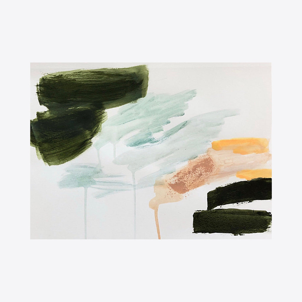 The artwork 'Dawn' by Lauren Packard features abstract brushstrokes in deep forest green, pale mint, and warm peach tones on white canvas paper. Bold gestural marks create a horizontal composition with varying textures and transparency, suggesting a minimalist landscape interpretation with acrylic paint. 9x12 inches by Lauren Packard.