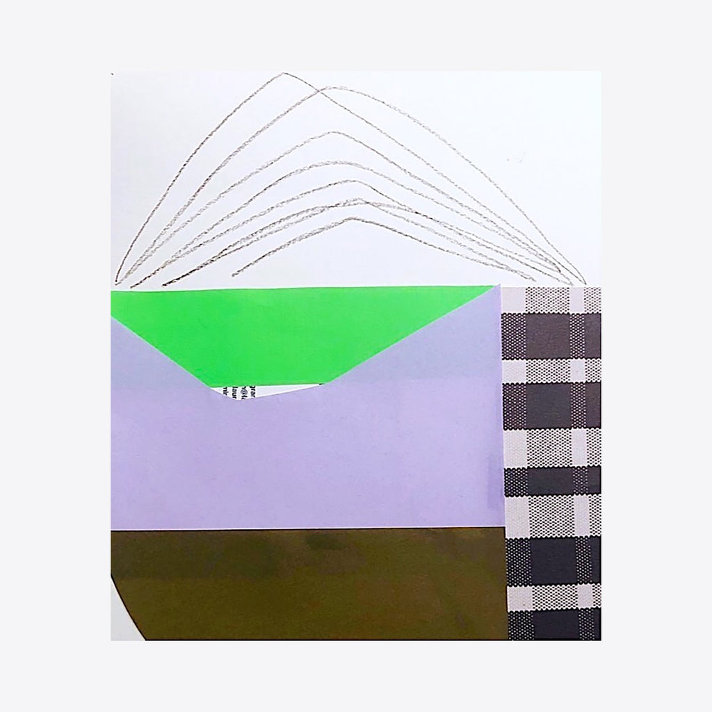 The artwork 'Go Ahead' by Lauren Packard features geometric abstract composition with curved graphite lines arcing over a vibrant green triangle. The piece combines lavender and olive-colored blocks with a striking black and white checkered pattern. Mixed media collage incorporates paper elements and precise graphite work on a 12x9 inch canvas by Lauren Packard.