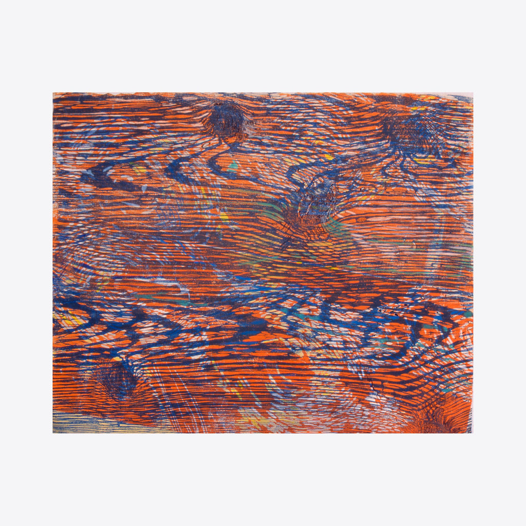 The artwork 'Gutturals' by Emna Zghal features dynamic horizontal woodcut lines in vibrant orange and deep blue, creating a textured pattern reminiscent of wood grain. Pastel accents add subtle dimension to the abstract composition, with sweeping strokes that suggest natural movement across the paper mounted on canvas by Emna Zghal.