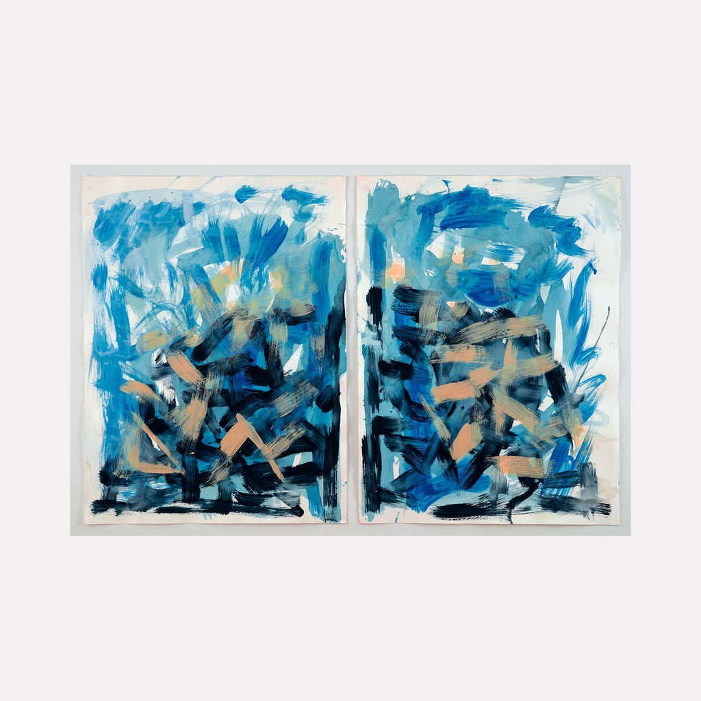 The artwork 'Chimera' by Molly Herman features a diptych of abstract expressionist paintings, showcasing dynamic brushstrokes in vibrant azure blues and neutral tans. Bold gestural marks create a sense of movement across both panels, with darker elements anchoring the bottom portions against ethereal blue upper regions, executed in acrylic on BFK Rives paper.