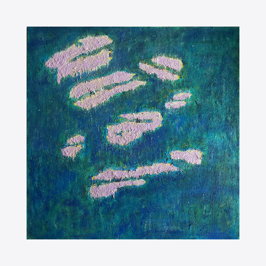 The artwork 'Number 52' by Roberto A Godinez features ethereal pink cloud-like formations floating against a deep teal and blue textured background. The abstract oil painting showcases delicate brushstrokes creating a dreamy atmospheric effect, with scattered light forms emerging from the rich oceanic colors, oil on canvas, 36x36 inches by Roberto A Godinez.
