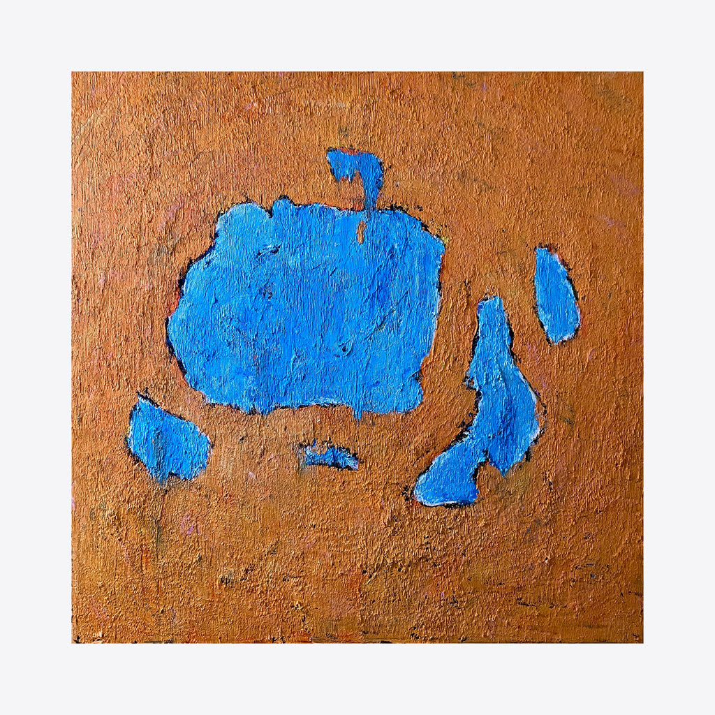 The artwork 'Number 53' by Roberto A Godinez features a vibrant abstract composition with a striking blue irregular shape against a textured copper-toned background. The central form appears fragmented, creating smaller satellite shapes, painted in thick oil impasto technique on canvas, suggesting an archipelago or broken fragments floating in space.