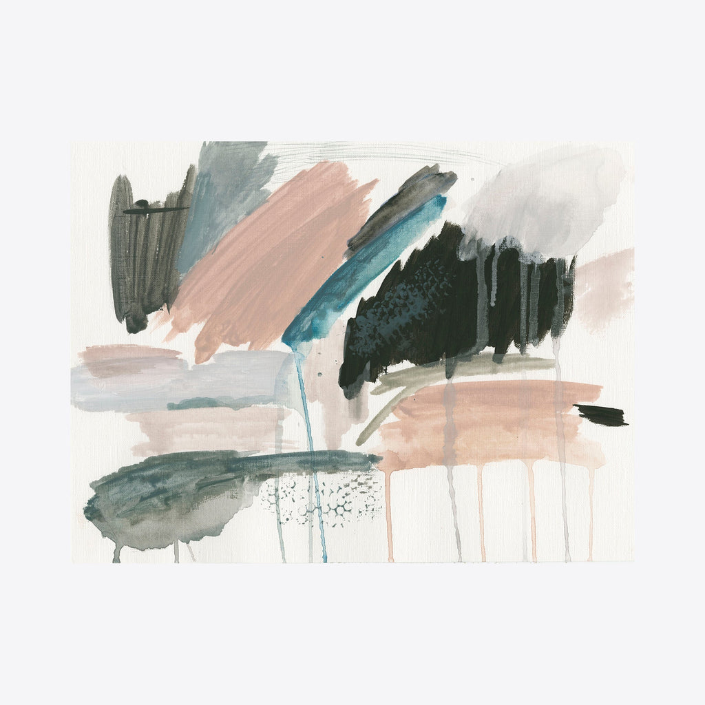 The artwork 'Palm Springs' by Lauren Packard features abstract brushstrokes in muted teal, blush pink, and charcoal gray on white canvas paper. Dynamic watercolor-like strokes create movement across the composition, with gentle drips and speckled details adding texture. The 9x12 inch acrylic painting combines soft and bold elements in a contemporary expressionist style.