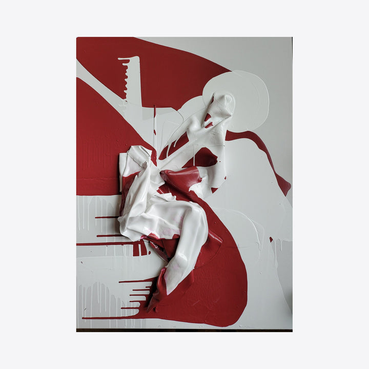 The artwork 'Portofino' by Roger Hsia features a striking contemporary abstract composition with dynamic white sculptural forms emerging from a bold red background. The 40x30-inch acrylic piece showcases a dramatic interplay of angular shapes and flowing fabric-like elements, creating a powerful contrast between smooth textures and sharp geometric patterns. The minimalist color palette of crimson red and pure white adds to its modern aesthetic ap