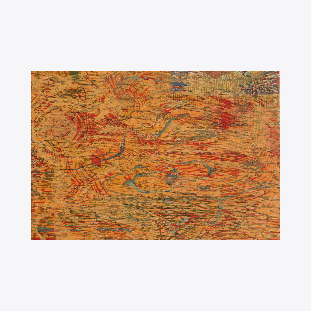 The artwork 'Sun Sliding' by Emna Zghal features a dynamic woodcut print with swirling abstract patterns in warm orange and red tones, accented with touches of blue. The textured surface creates a mesmerizing flow of circular motions and linear elements, reminiscent of solar flares and cosmic movements, mounted on canvas, 18x25 inches.