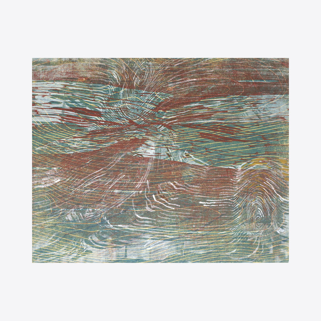 The artwork 'Flesh in Water' by Emna Zghal features dynamic woodcut lines creating swirling patterns in teal and rustic brown hues. Abstract waves and ripples suggest fluid movement across the composition, with gouache adding subtle depth. The textural interplay of carved lines and painted elements creates an organic, water-inspired aesthetic on paper mounted on canvas.