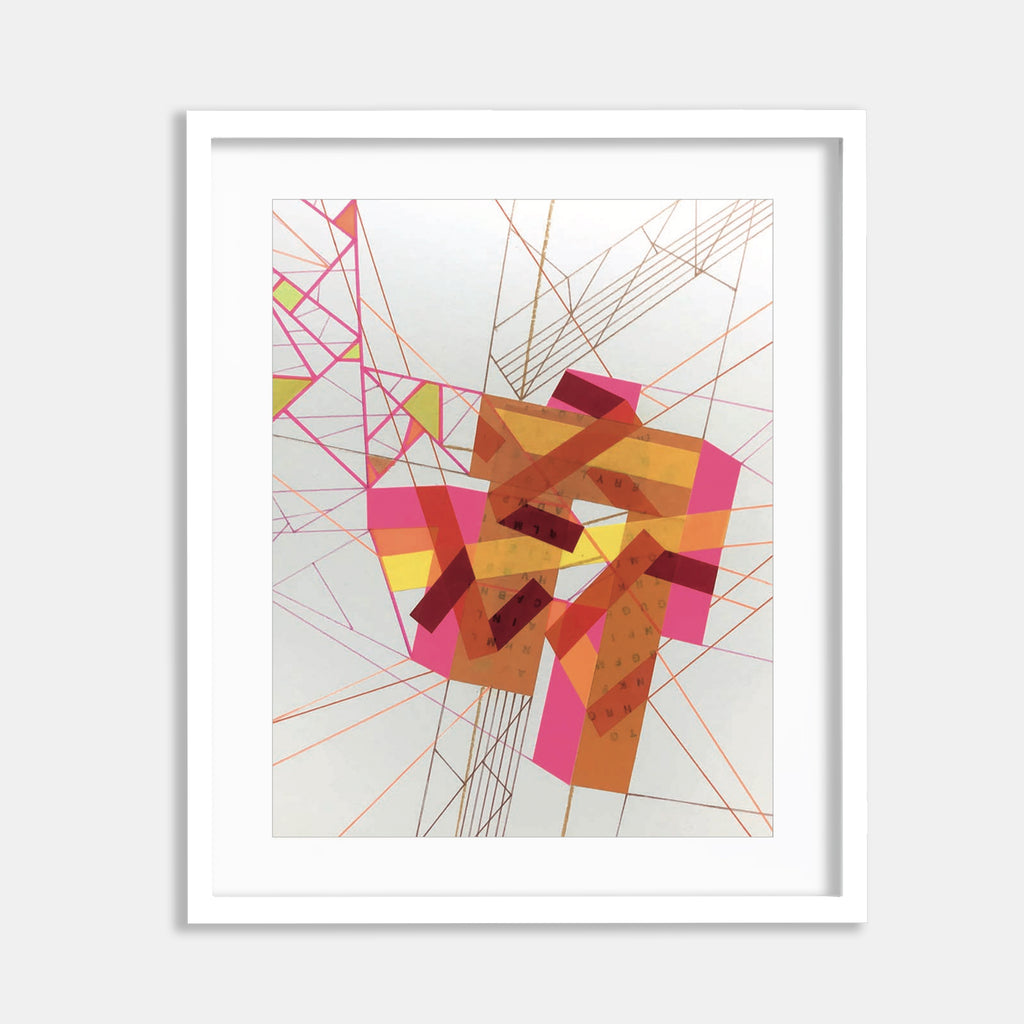 The artwork 'Rrem·Naant Fro 1' by Philippe Halaburda features abstract geometric shapes in warm orange, pink, and yellow tones intersected by delicate linear elements. Angular fragments create a dynamic composition against a white background, with precision-drawn lines radiating outward. Created with felt tip markers, pencil, and tape on paper, the piece combines sharp edges with fluid color transitions.